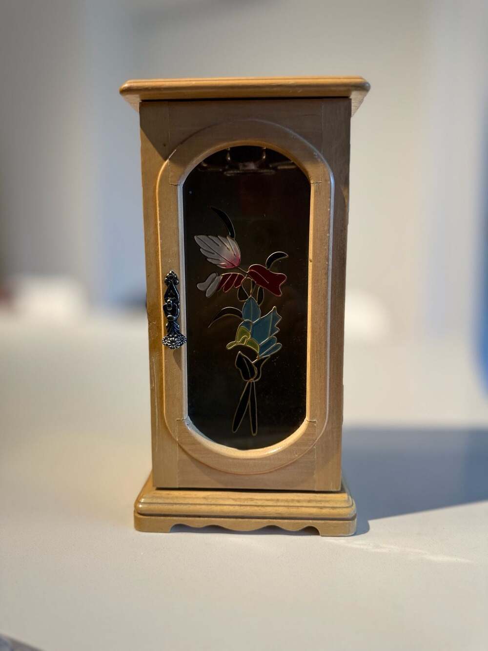 Vintage Powell Wooden Tabletop Jewelry Cabinet with Floral Glass Door and Neckla